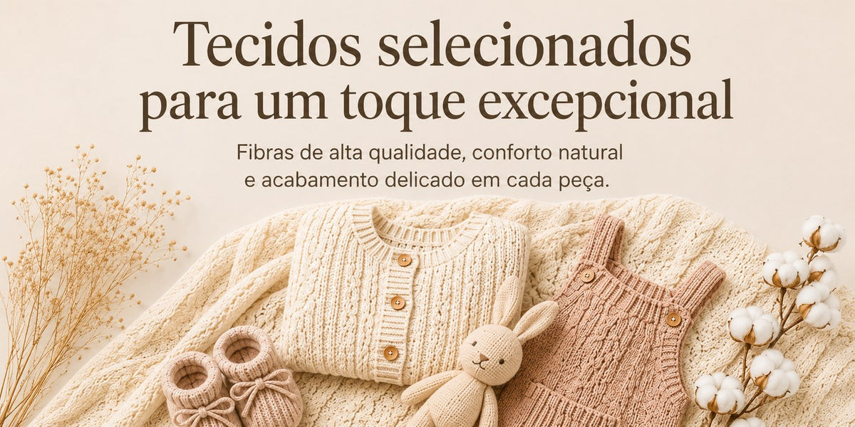 Tecidos selecionados para um toque excepcional — fibras de alta qualidade, conforto natural e acabamento delicado em cada peça